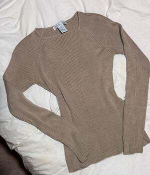 Stephanie Andrews Ribbed Sweater Size M Taupe Silk Long Sleeve Scoop Neck